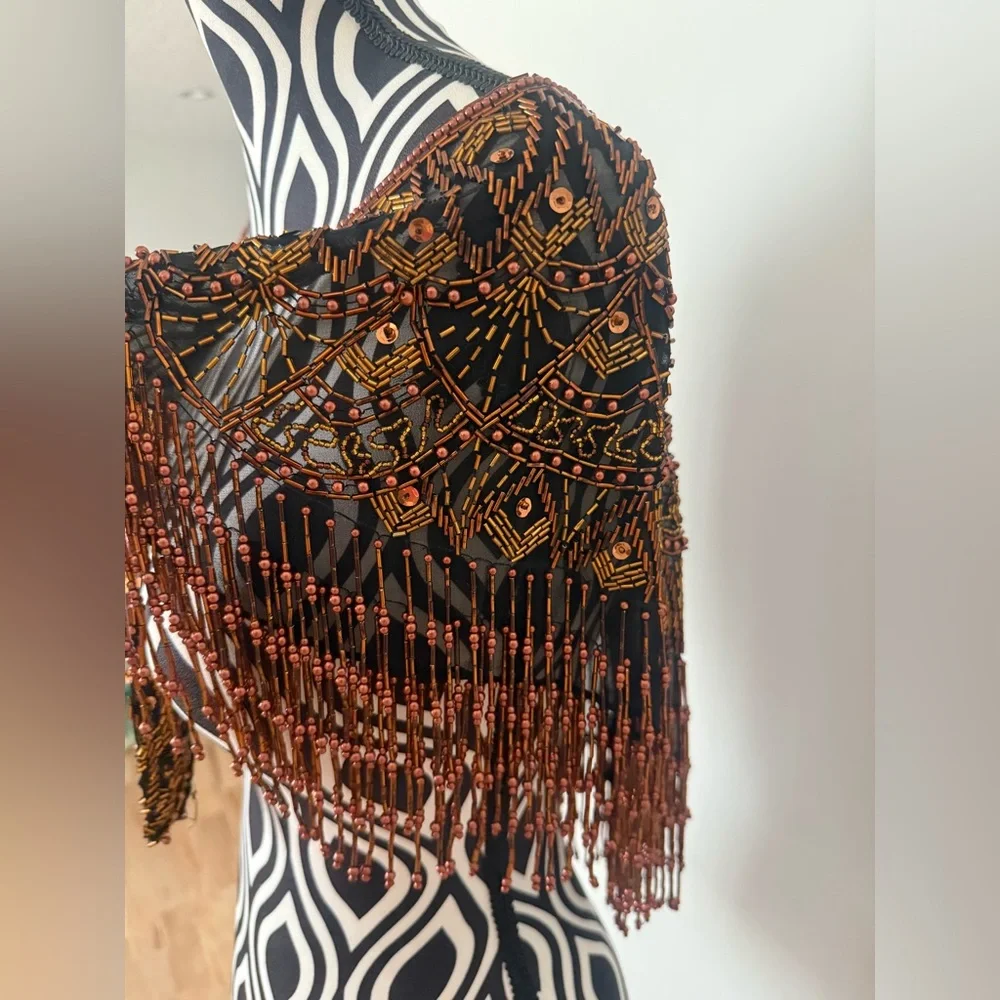 Gorgeous Vintage 70s 80s Sequin & Beaded Art Deco Shawl Capelet Rose Gold Bronze - Picture 7 of 15